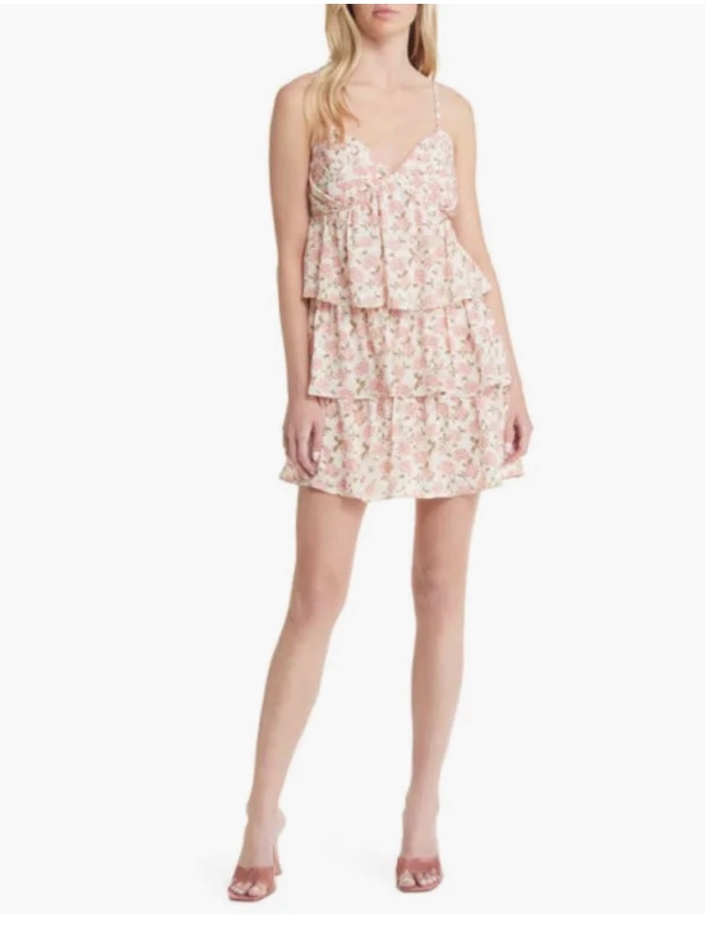 All in Favor Pink Floral Tiered Spaghetti-Strap Mini Dress